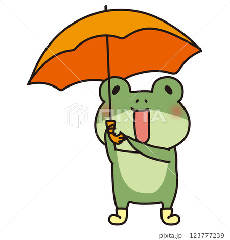 長靴を履いて傘を上にあげている蛙 123777239