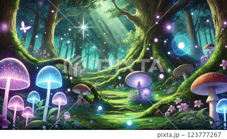 幻想的な魔法の森と光るキノコが輝く神秘的な風景 幻想的な魔法の森と光るキノコが輝く神秘的な風景 123777267