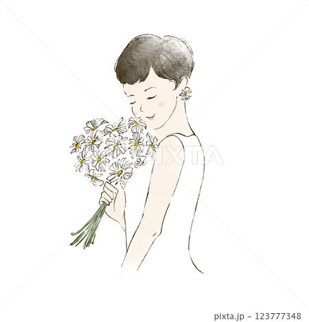 花束を持つ女性のイラスト　水彩風 123777348