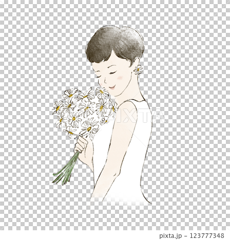 花束を持つ女性のイラスト　水彩風 123777348