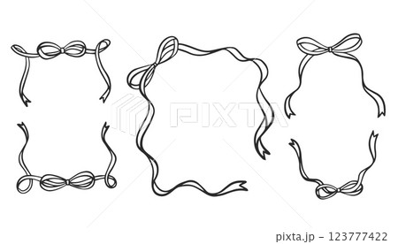 Frame with bow and ribbons. Vintage hand drawn vector card border for wedding and holiday invitation. Cute drawing for valentine day, birthday party decoration and elegant menu. Retro illustration 123777422