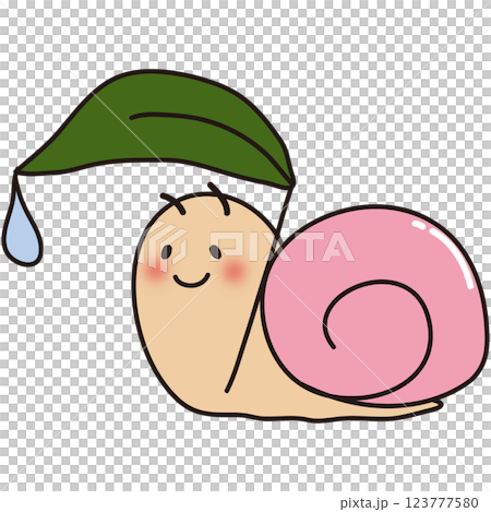 A pink snail with red cheeks holding a leaf umbrella A pink snail with red cheeks holding a leaf umbrella 123777580