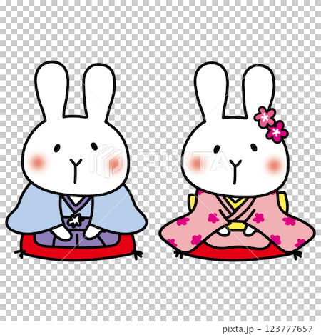 A white rabbit in a kimono giving a New Year's greeting 123777657