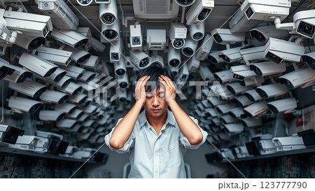 監視カメラに囲まれて頭を抱えている男性 123777790