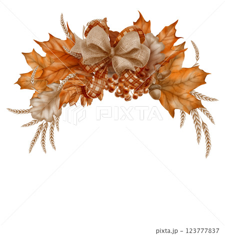 Semicircular frame from autumn maple leaves,mountain ash with oak leaves and a bunch of rowan berries,double rustic bow from plaid ribbon and burlap.Watercolor clipart on transparent background 123777837