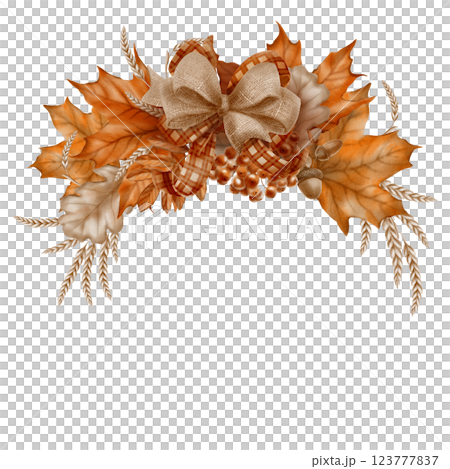 Semicircular frame from autumn maple leaves,mountain ash with oak leaves and a bunch of rowan berries,double rustic bow from plaid ribbon and burlap.Watercolor clipart on transparent background 123777837