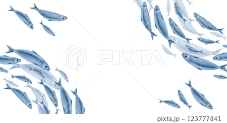 Sardine fish in a semicircular template swimming in a shoal stylized watercolor illustration on a transparent background for fish restaurants, websites, posters, fish markets and stores 123777841