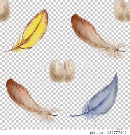 Easter seamless pattern,watercolor feathers in brown,yellow,blue and speckled beige quail eggs.Soft pastel tones,hand-painted design on transparent background for holiday,wrapping,textiles,festive 123777842