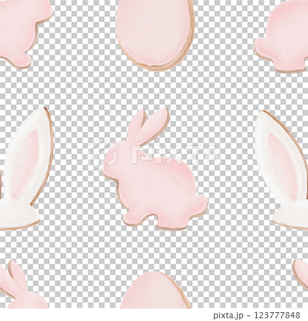 Easter seamless pattern,gingerbread cookies with icing,rabbits,eggs,rabbits ears in pastel colors.Delicate watercolor pattern on transparent background for holiday,cards,wrapping,textiles 123777848