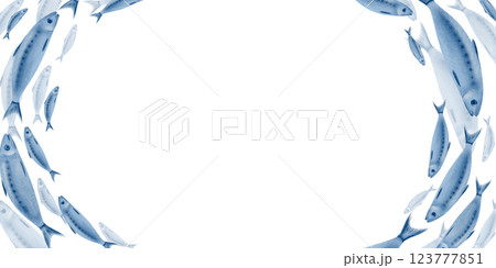 Sardine fish in a semicircular frame swimming in a shoal stylized watercolor illustration on a transparent background for fish restaurants, websites, posters, fish markets and stores Sardine fish in a semicircular frame swimming in a shoal stylized watercolor illustration on a transparent background for fish restaurants, websites, posters, fish markets and stores 123777851