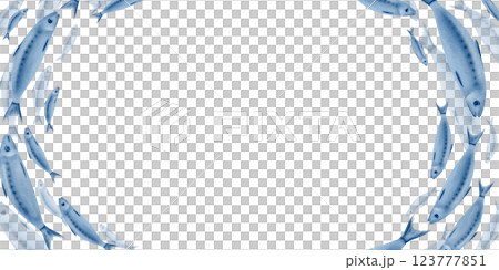 Sardine fish in a semicircular frame swimming in a shoal stylized watercolor illustration on a transparent background for fish restaurants, websites, posters, fish markets and stores 123777851