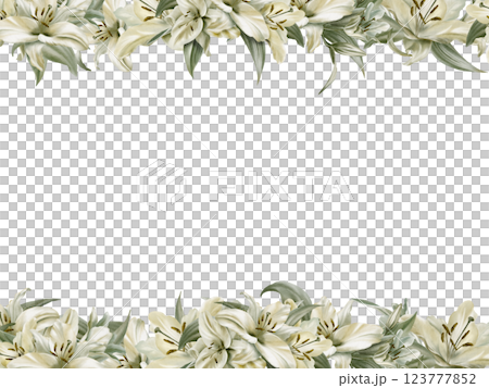 Template of double border of white lilies in digital watercolor clipart as a symbol of purity and innocence.Decoration for sites,wedding,Communion,christening,decoration of religious printed products Template of double border of white lilies in digital watercolor clipart as a symbol of purity and innocence.Decoration for sites,wedding,Communion,christening,decoration of religious printed products 123777852