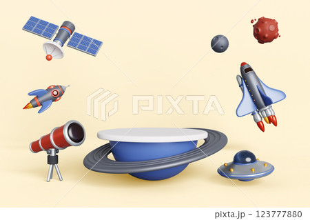 3d kids podium with space shuttle, rocket, planets, telescope, ufo alien spaceship, satellite for product display. Blue hemisphere game platform with ring and flying cosmic objects. 3D illustration 3d kids podium with space shuttle, rocket, planets, telescope, ufo alien spaceship, satellite for product display. Blue hemisphere game platform with ring and flying cosmic objects. 3D illustration 123777880