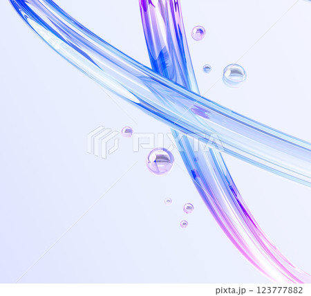 Liquid glass holographic lines with pink soap bubbles 3d background. Abstract bg with gradient ribbons, transparent air spheres render. Rainbow color wallpaper with tapes, water drops. 3D illustration 123777882