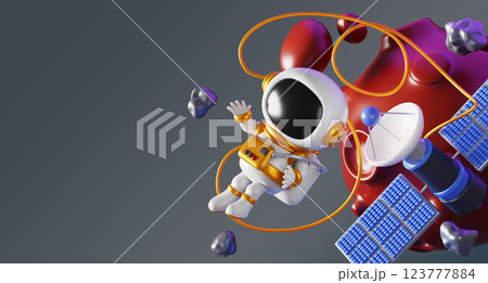3d cute astronaut in outer space. Cartoon render of cosmonaut in suit and helmet flying in weightlessness, exploring alien planets among stone asteroids and artificial earth satellite. 3D illustration 3d cute astronaut in outer space. Cartoon render of cosmonaut in suit and helmet flying in weightlessness, exploring alien planets among stone asteroids and artificial earth satellite. 3D illustration 123777884