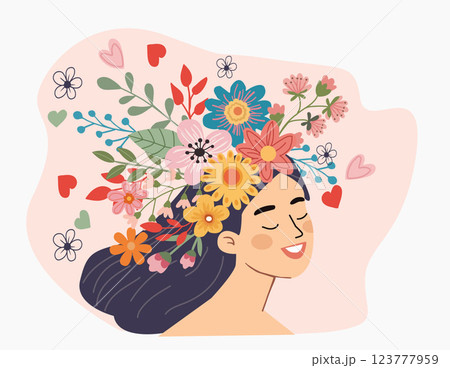 illustration of portrait of a Happy lady with flowers inside. 123777959
