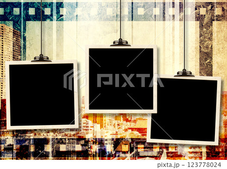 Photos hanging on paper clips against wall. Nostalgic Picture album with old photoframe. Template with three retro frame photos. Moodboard pictures album for scrapbooking. Vintage style mood board 123778024