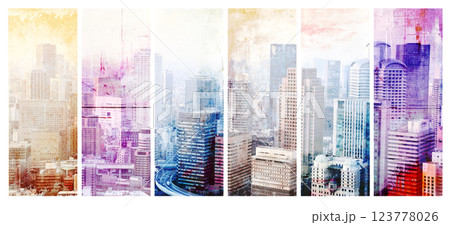 Set of banners with old paper texture and skyscrapers. Collection of grunge retro banner with urban scene. Vintage backdrops set with metropolis. Multifaceted perspective on cityscape concept 123778026