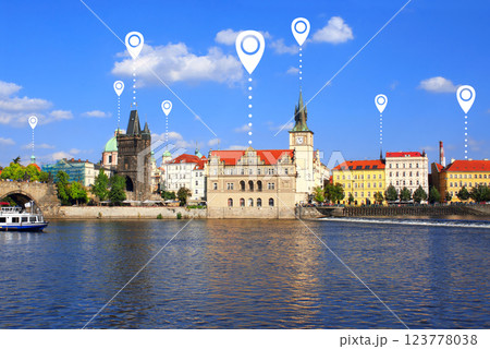 Planning a tourist trip. Charles Bridge, Prague, Czech Republic and location pins. Global positioning system pin map. Travel way, point navigation concept. Modern travel, sightsee, tourism 123778038