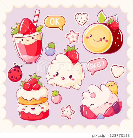 Set of stickers with cute dessert in kawaii style. Cake, muffin, cupcake with whipped cream and strawberry. Inscription Cute, Love. Can be used for t-shirt print, sticker, greeting card. Vector EPS8 123778138