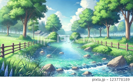 清らかな小川が流れる緑豊かな田園風景 123778189