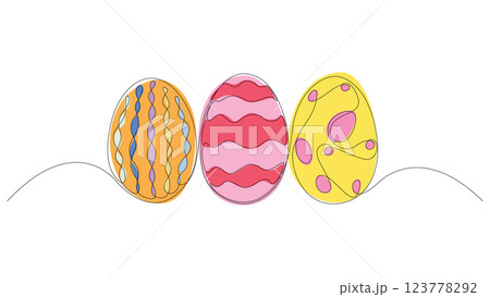 Easter eggs drawn by continuous one line. Minimalist style Happy Easter concept. Greeting banner design. Vector illustration. 123778292