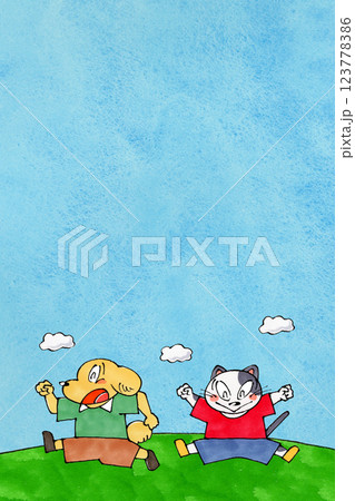 ジャンプするイヌとネコ コピースペース(青空) ジャンプするイヌとネコ コピースペース(青空) 123778386