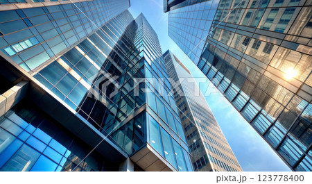 A view from below of the business center skyscrapers illuminated by the sun 123778400