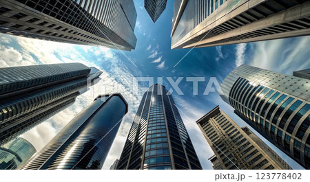 A view from below of the skyscrapers towering against the blue sky 123778402