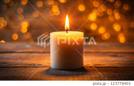 A burning wax candle on a wooden table on a flickering background 123778403
