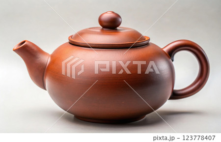 Chinese teapot made of red clay on a light background Chinese teapot made of red clay on a light background 123778407