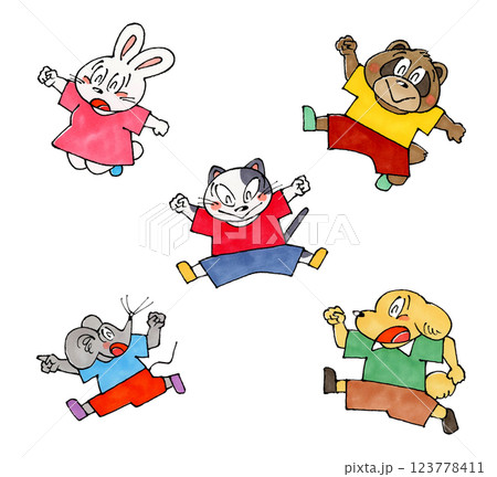 ジャンプする動物のキャラクター(ネコ、イヌ、ネズミ、ウサギ、タヌキ) 123778411