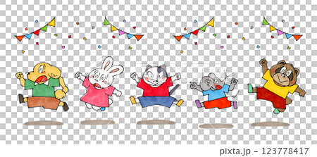 Jumping animal characters (cat, dog, mouse, rabbit, raccoon) 123778417