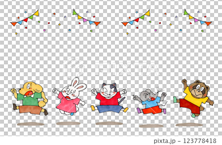 Jumping animal characters (cat, dog, mouse, rabbit, raccoon dog) Copy space (blank space) 123778418