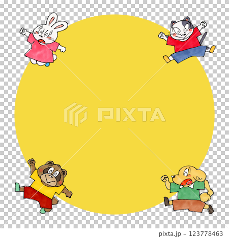 Jumping animal characters (cat, dog, rabbit, raccoon dog) Copy space (yellow) 123778463