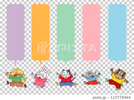 跳躍的動物角色（貓、狗、老鼠、兔子、浣熊）對話泡泡 123778464