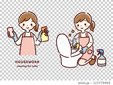 トイレ掃除をする女性の手描きイラスト 123778469