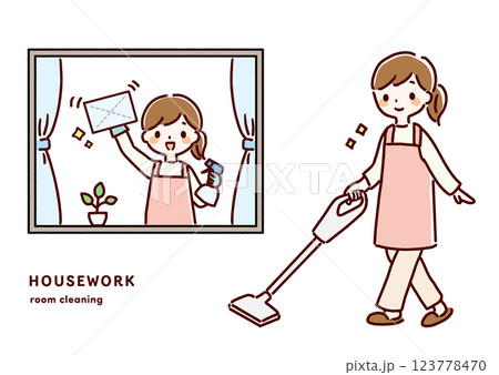 掃除をする女性の手描きイラスト 123778470