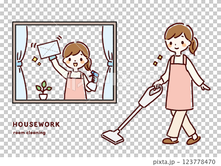 掃除をする女性の手描きイラスト 123778470