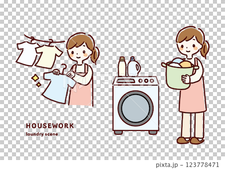 Hand drawn illustration of a woman doing laundry 123778471