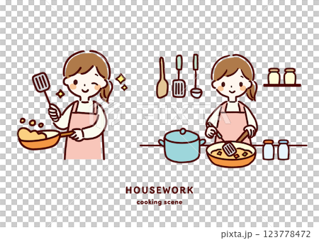 Hand-drawn illustration of a woman cooking with a frying pan 123778472