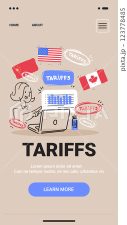 Trade war concept illustration featuring flags and tariffs theme with a person analyzing data on a laptop surrounded by country flags and charts 123778485