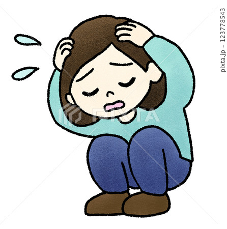 頭を抱えてうずくまる女性の手描きイラスト 123778543