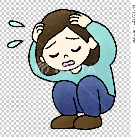 頭を抱えてうずくまる女性の手描きイラスト 123778543