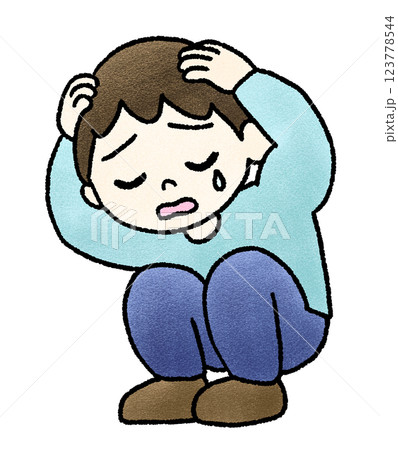 頭を抱えて泣く男性の手描きイラスト 123778544