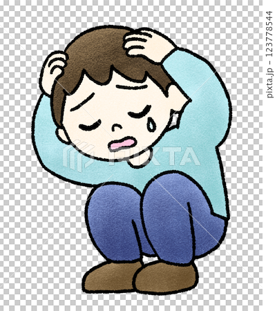 頭を抱えて泣く男性の手描きイラスト 123778544