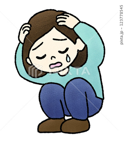頭を抱えて泣く女性の手描きイラスト 123778545