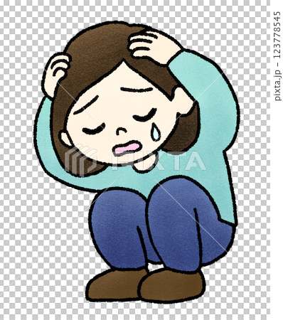 頭を抱えて泣く女性の手描きイラスト 123778545