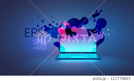 Laptop on desk with abstract liquid flow fluid background on screen. Multimedia gaming laptop vector front view. Vector template laptop mockup. Electronic device advertisement. Screen computer matrix. 123778665