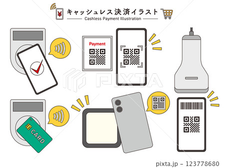 キャッシュレス決済をイメージしたイラストのセット_手なし_主線あり キャッシュレス決済をイメージしたイラストのセット_手なし_主線あり 123778680
